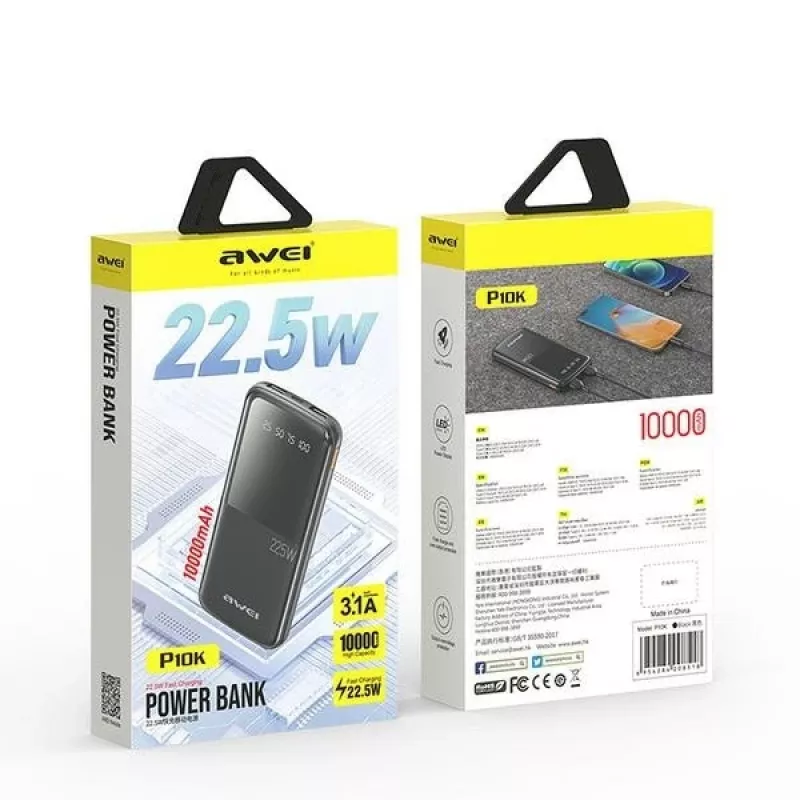 Powerbank Awei P10K 10000 mAh 22,5W preto/preto (10000mAh, 22W, 22,50Wh), powerbank, preto
