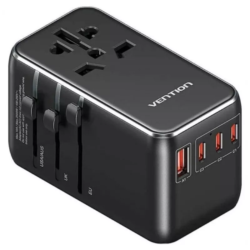 Carregador Vention FJGB0 100W GaN com 3× USB-C e 1× USB-A, preto