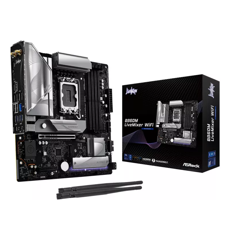 Placa-mãe ASRock B860M LiveMixer WiFi — Intel B860, LGA 1851, micro ATX, DDR5, 4x DIMM, Wi‑Fi 6E, 2.5Gb LAN