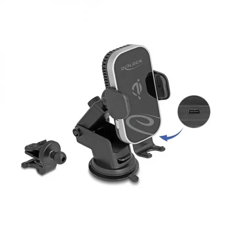 Suporte ativo para automóvel DELOCK 66939 para telemóveis — suporte com ventosa, preto/cinzento, compatível com carregamento sem fios