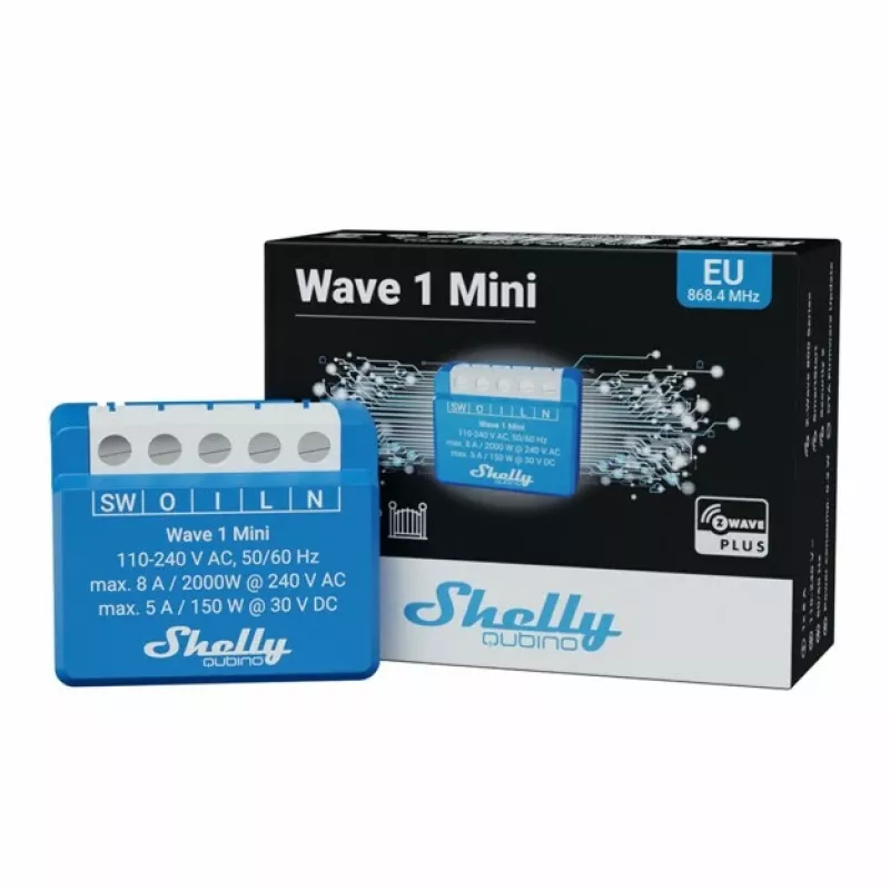 Relé inteligente Shelly Qubino Wave 1 Mini sem fios 110–240V, 8A AC / 5A DC, 868,4 MHz, para interiores, azul
