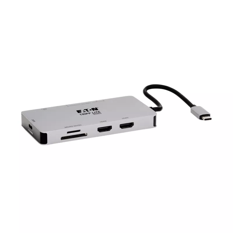 Docking station USB-C Eaton Tripp Lite, ecrã duplo - 4K 60 Hz HDMI, USB 3.2 Gen 1, hub USB-A, GbE, cartão de memória, função de carregamento PD 100W, cinzento - Docking station - USB-C - 2 x HDMI - 1GbE (U442-DOCK