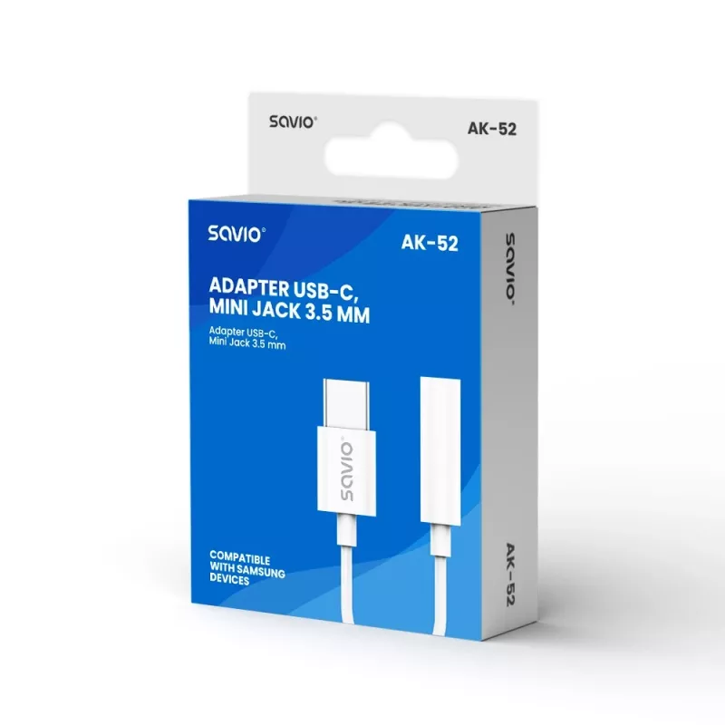 Adaptador de áudio USB Type 3.1 C (M) – Jack 3,5mm (F) branco SAVIO AK-52