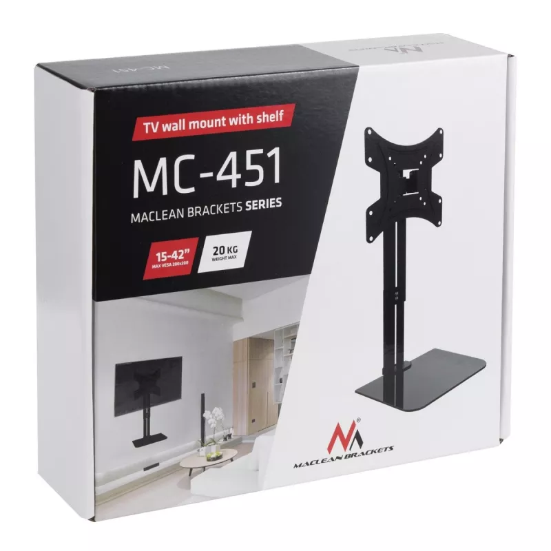 Suporte de parede para TV MACLEAN MC-451 com prateleira e inclinação ajustável, VESA 75x75–200x200 mm, até 20 kg, para ecrãs de 15