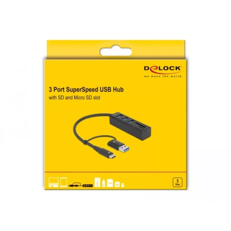 Hub USB 3.2 Gen 1 de 3 portas + leitor de cartões SD e Micro SD com ligação USB Type-C ou USB Type-A, hub USB