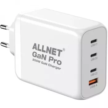 Fonte de alimentação ALLNET PSU-GaNPD-USB-1A3C-200W — carregador USB GaN 200W, 1× USB-A, 3× USB-C