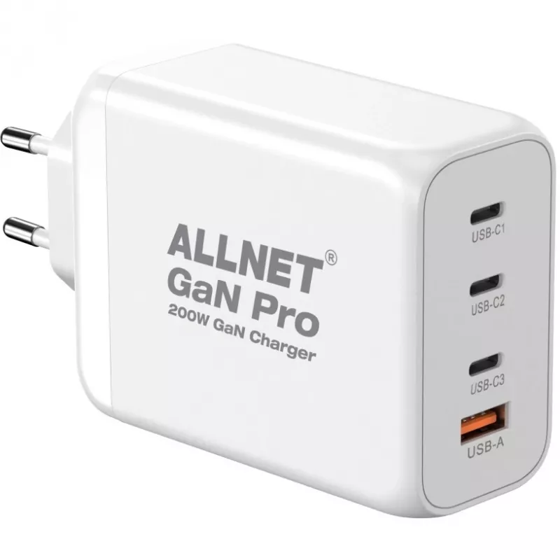 Fonte de alimentação ALLNET PSU-GaNPD-USB-1A3C-200W — carregador USB GaN 200W, 1× USB-A, 3× USB-C