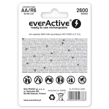 Pilhas recarregáveis R6 AA 2600mAh everActive Professional conteúdo da embalagem 1x blister
