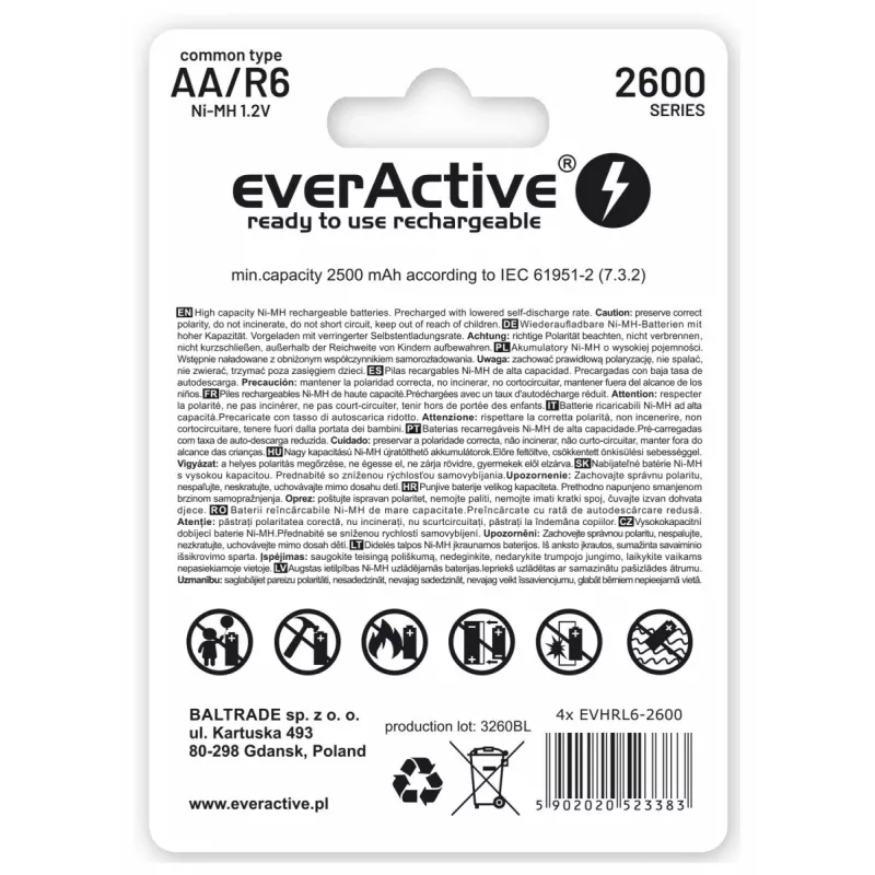 Pilhas recarregáveis R6 AA 2600mAh everActive Professional conteúdo da embalagem 1x blister