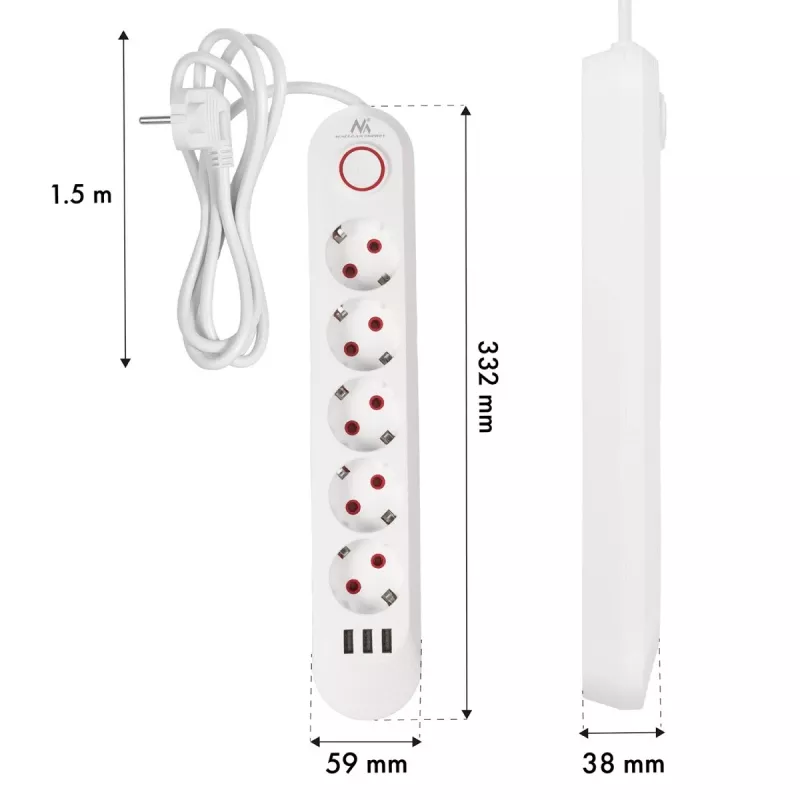 Extensão elétrica MACLEAN MCE395 W — 5 tomadas, 3× USB A, 110–240 V AC, 2,1 A USB, máx. 2500 W, branco, cabo de 1,5 m