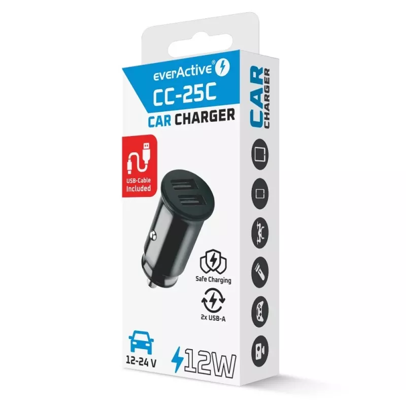everActive CC-25C carregador de automóvel, 2x USB 12 W, com cabo USB-C