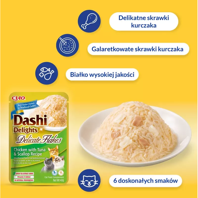 Snacks húmidos para gatos INABA Dashi Delights flocos delicados de frango com atum 40 g saqueta