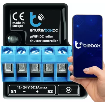 Módulo de E/S bleBox shutterBoxDC 2x entradas binárias, 2x saídas de relé 230V