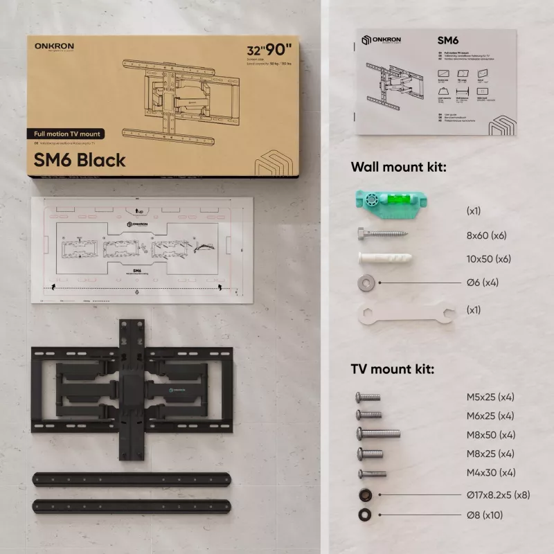 Suporte de chão para TV ONKRON SM6-B para ecrãs de 32 a 90 polegadas, capacidade de carga 50 kg, VESA 200x200–600x400, inclinação -10–5°, rotação 40°