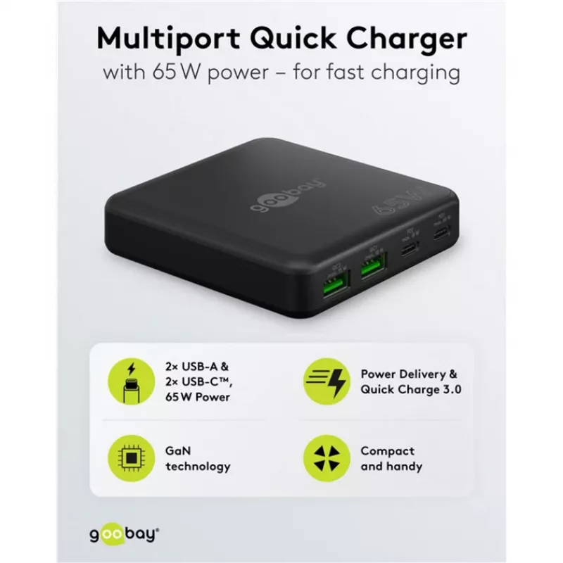 Carregador de mesa multiporta USB-C PD GaN GOOBAY 65 W, preto