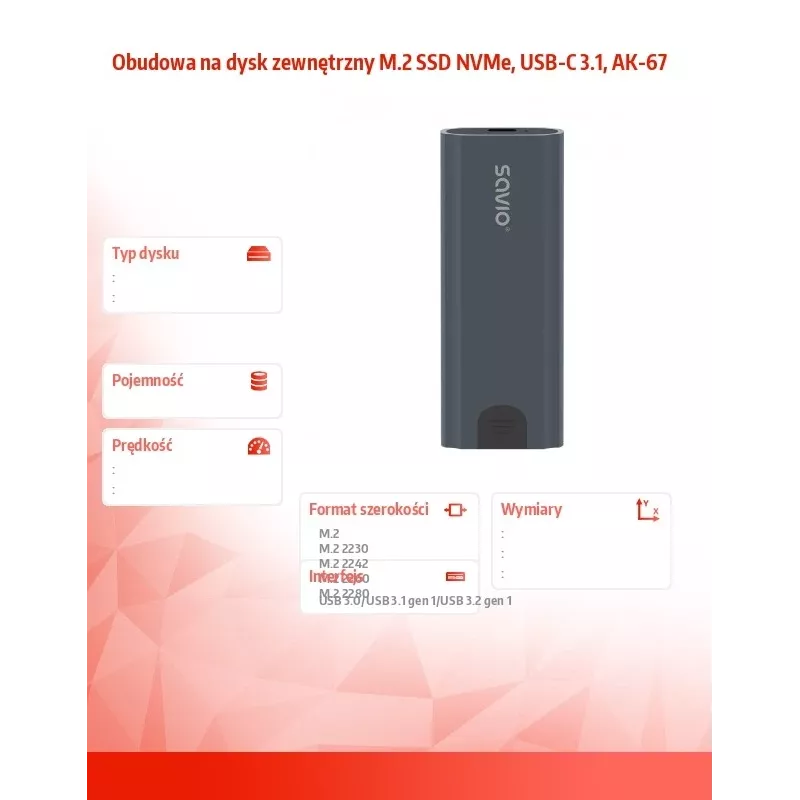 Caixa para SSD M.2 SAVIO AK-67 cinzento, USB 10 Gbit/s, suporte para uma unidade M.2