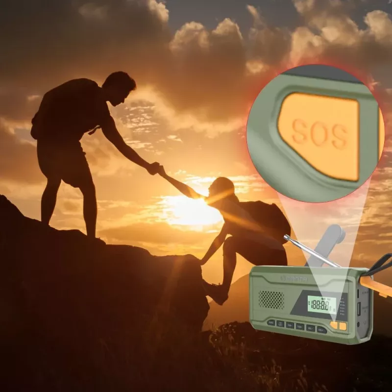 Rádio FM portátil MANTA RDI401G com painel solar, manivela dínamo, bateria 4000–4500 mAh, saída USB 5 V, 3 W, lanterna