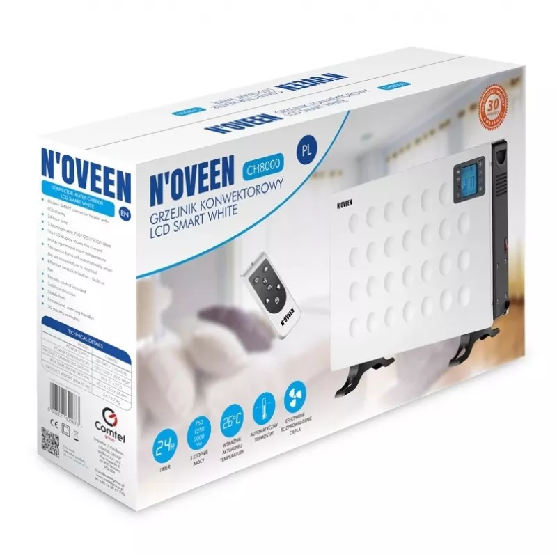 Aquecedor elétrico convector NOVEEN CH8000 — 2000 W, 3 níveis de potência, temporizador, comando, branco