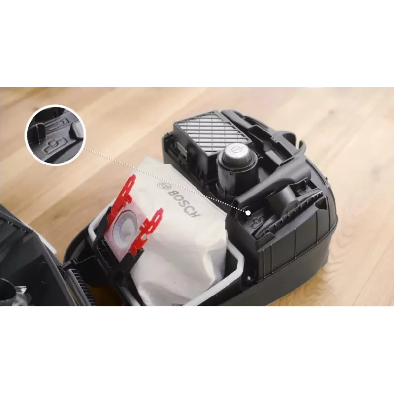 Aspirador de pó Bosch BGB 41RD3H — 600 W, saco de 4 l, filtro HEPA, raio de ação de 11 m, tubo telescópico, vermelho