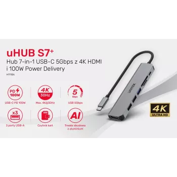 Hub USB-C Unitek 7 em 1 alumínio PD 100W 5 Gbps — adaptador multiporta com Power Delivery