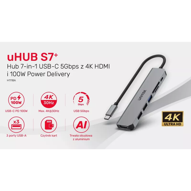 Hub USB-C Unitek 7 em 1 alumínio PD 100W 5 Gbps — adaptador multiporta com Power Delivery