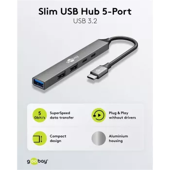 Hub USB Goobay Slim 5 portas, USB-C™ para USB-C™/USB-A, USB 3.2 (74460)