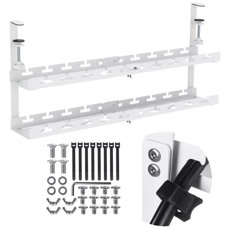 Gestor de cabos sob a secretária MACLEAN MC-102W – suporte em aço para montagem sob a secretária, comprimento ajustável, compatível com tampos de 0,5–5 cm, carga 5 kg, branco