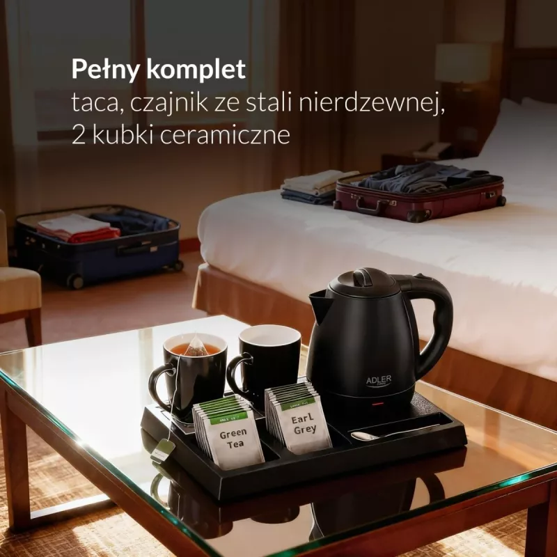Adler AD 1387 chaleira elétrica de hotel com tabuleiro e chávenas, 1 l, aço inoxidável