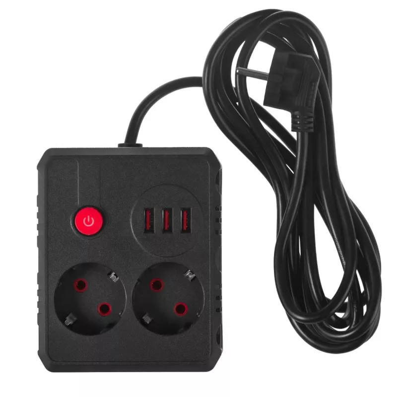 Extensão Maclean MCE388 B, 2 tomadas, 3x USB, 110-240 V, 2500 W, 3 m, preta