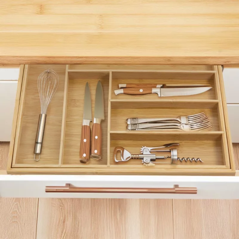 Organizador de gaveta de talheres GreenBlue GB379, bandeja em bambu com compartimentos, superfície natural