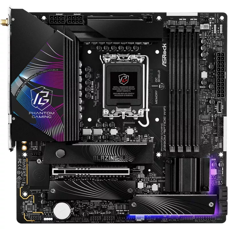 ASRock Phantom Gaming Z890M Riptide WiFi placa-mãe, Intel Z890, LGA1851, micro ATX, DDR5, até 256 GB, Wi-Fi 6E, Bluetooth, LAN 5GbE, USB4