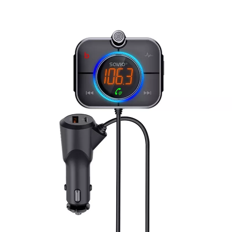 Transmissor FM SAVIO TR-14 Bluetooth USB, FM 87,6–107,9 MHz, MicroSD, USB-C, alimentação 12 V automóvel