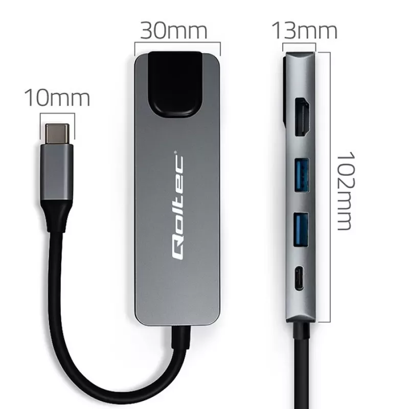 Hub USB-C QOLTEC 53795 5 em 1 com 100W PD, 2×USB-A, HDMI 4K, RJ45