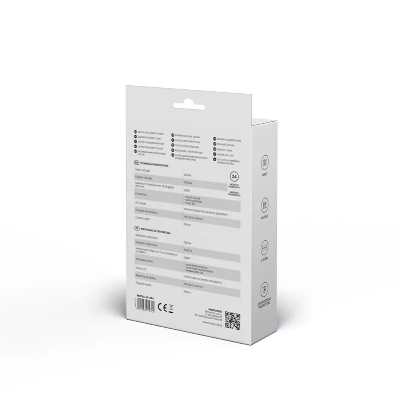Carregador USB para automóvel SAVIO SA-024 — carregador universal para dispositivos móveis, entrada 12–24 V, saída 5 V, preto, isqueiro