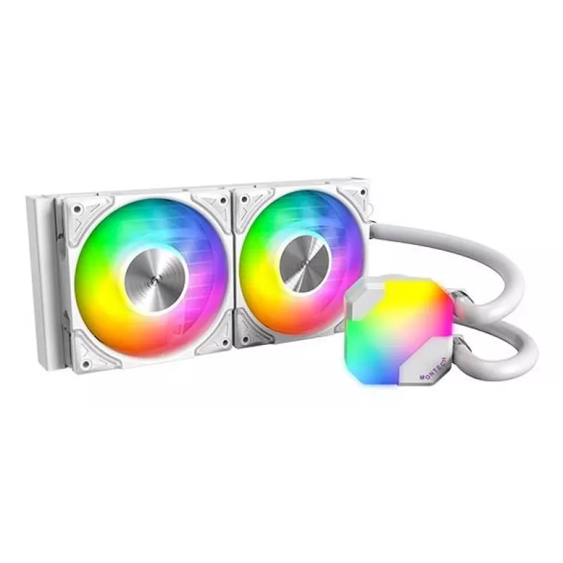 Refrigeração líquida AIO Montech Hyper Flow ARGB 240 mm branco — radiador de 240 mm, iluminação ARGB, acabamento branco