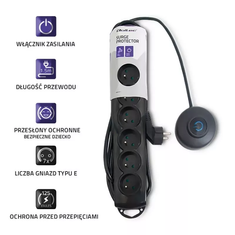 Proteção contra sobretensões Qoltec 50171 preto 7 tomadas AC 230V 1,5m