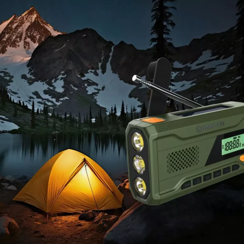 Rádio FM portátil MANTA RDI401G com painel solar, manivela dínamo, bateria 4000–4500 mAh, saída USB 5 V, 3 W, lanterna