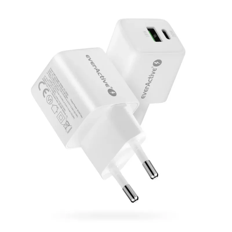 Carregador de parede everActive SC-330Q com 1x USB-A e 1x USB-C conectores, 20W, branco