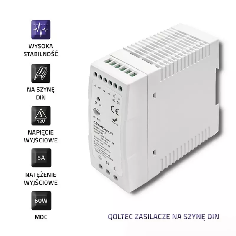 Fonte de alimentação para calha DIN Qoltec | 60W | 12V | 5A | branco | slim