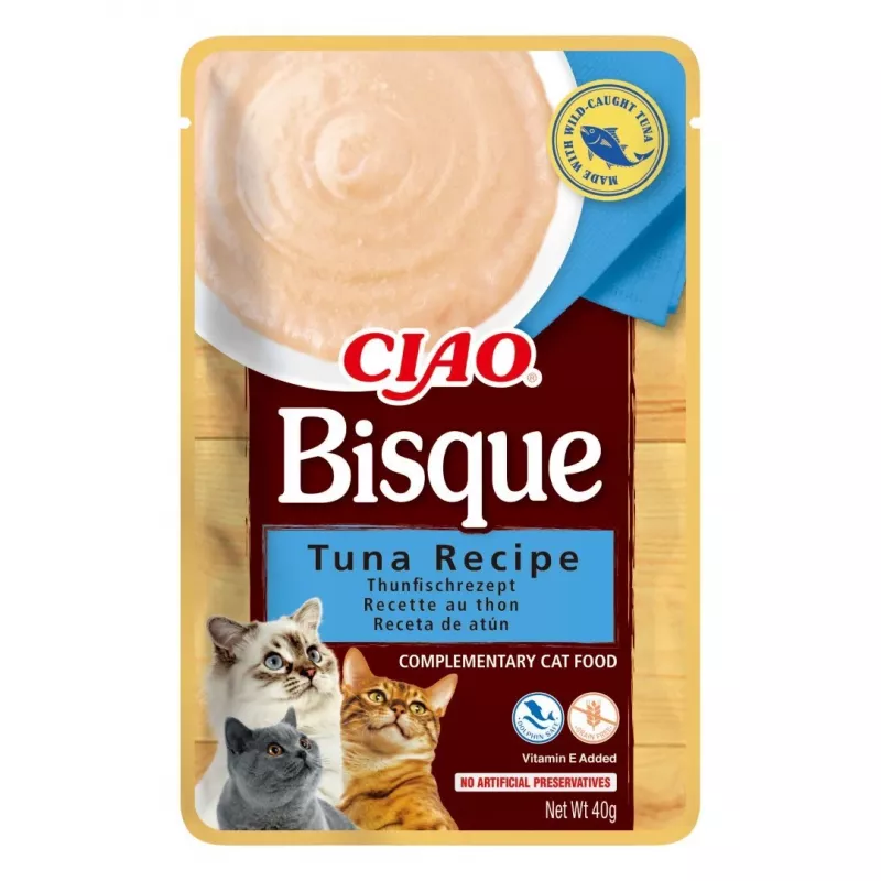 Petisco de comida húmida para gatos INABA CIAO Bisque – atum, vaca, frango em saquetas de 40 g, pack de 24