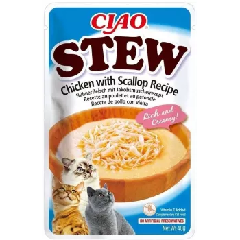 Snack de comida húmida para gatos INABA Ciao guisado de frango e vieira saqueta 40 g — sem cereais, adulto, carnudo