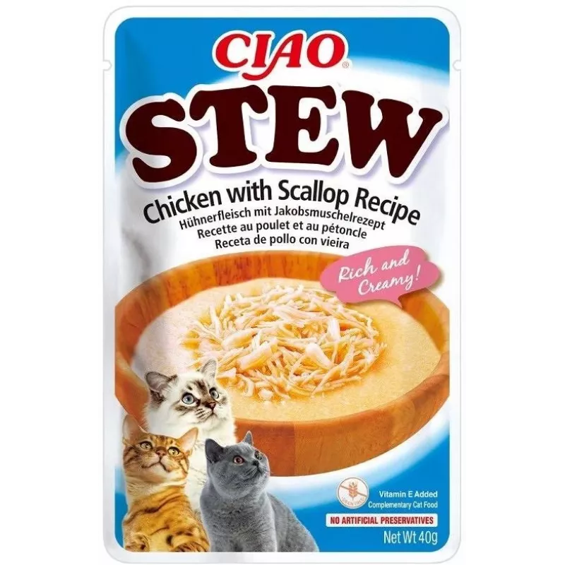 Snack de comida húmida para gatos INABA Ciao guisado de frango e vieira saqueta 40 g — sem cereais, adulto, carnudo