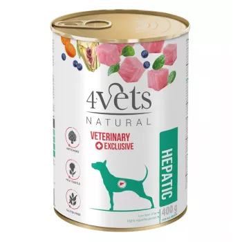 Lata de comida húmida para cães 4vets Natural Hepatic 400 g — dieta veterinária para apoio hepático, peru, 77 % de humidade