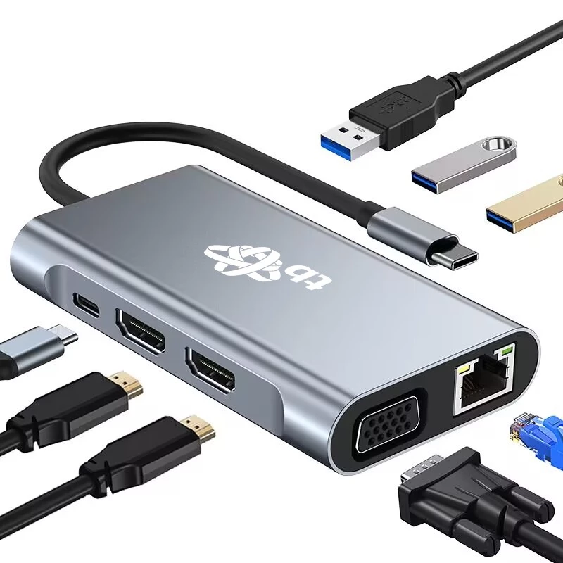 HUB 8in1 adaptador USB C HDMI x2 USB VGA RJ45 PD