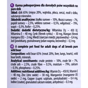 Comida húmida para cães Dolina Noteci Boar Adult 800 g — monoproteína javali, 10% proteína, 7% gordura