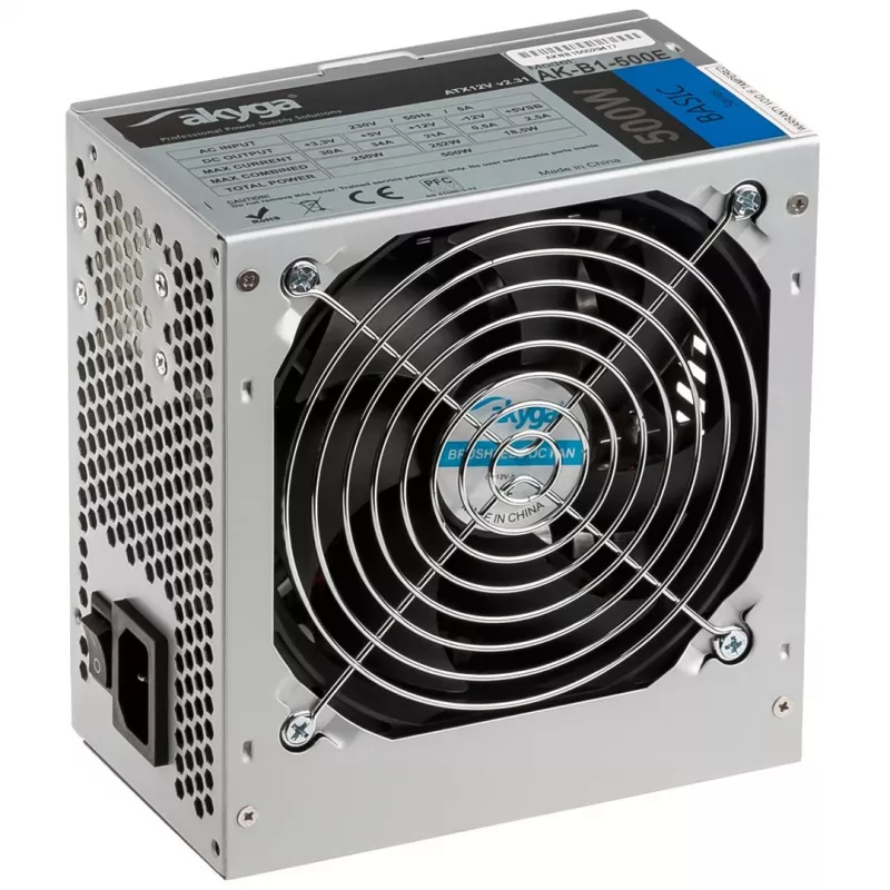 Fonte de alimentação ATX Akyga AK-B1-500E Basic 500 W, PFC passivo, ventoinha de 120 mm, cinzento