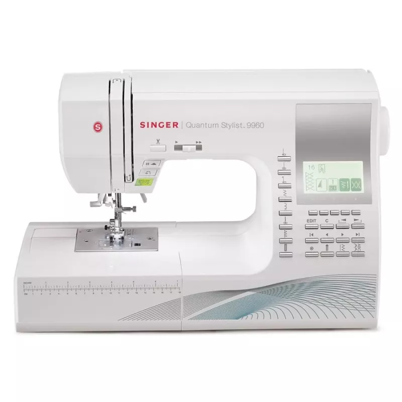 Máquina de costura SINGER Quantum Stylist 9960 — 600 pontos, 13 programas automáticos de casa de botão, sistema de braço livre
