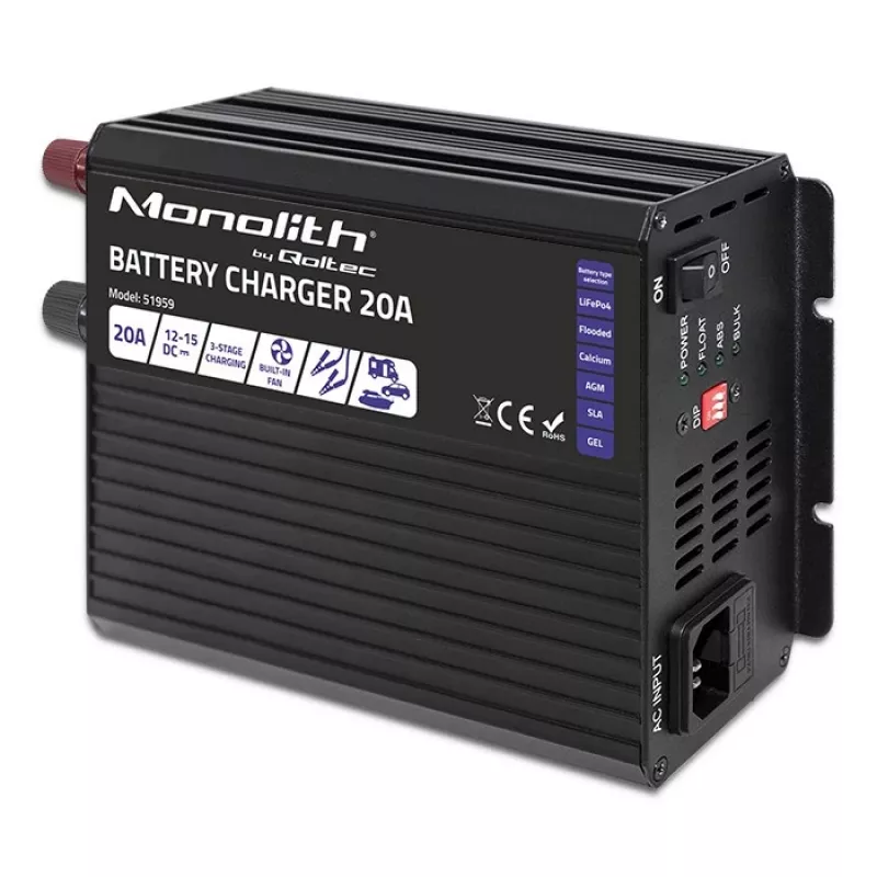 Carregador QOLTEC Monolith 20 A 12 V para baterias LiFePO4, AGM, GEL, SLA