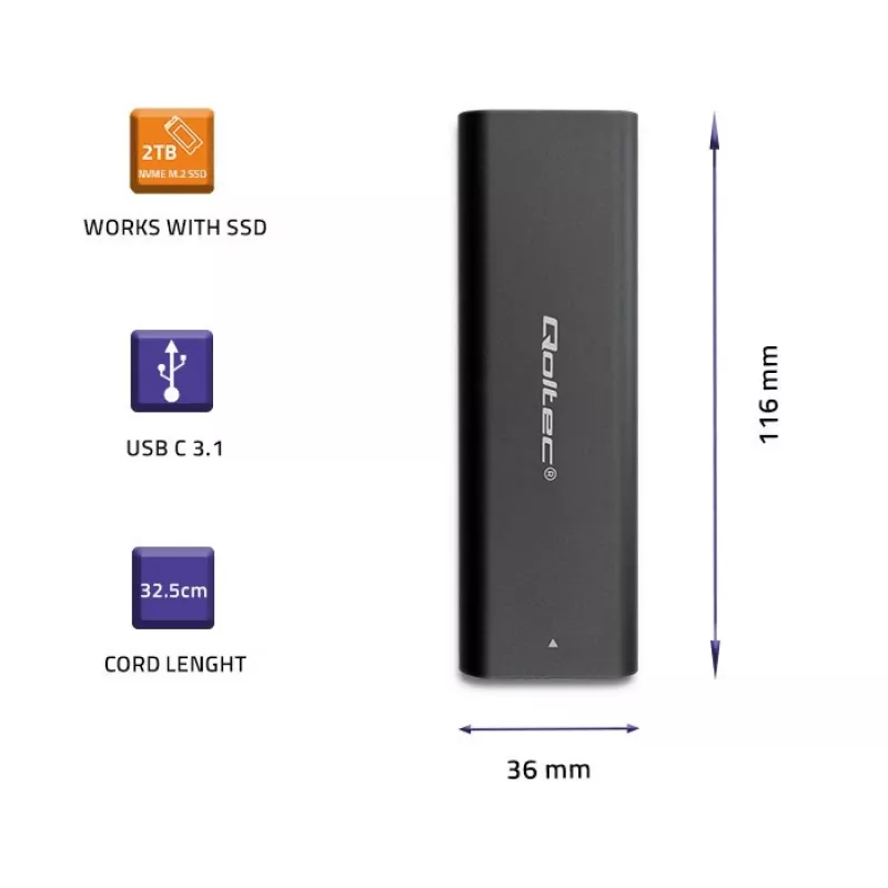 Qoltec 50312 caixa para SSD M.2 NVMe, USB Type-C, preta