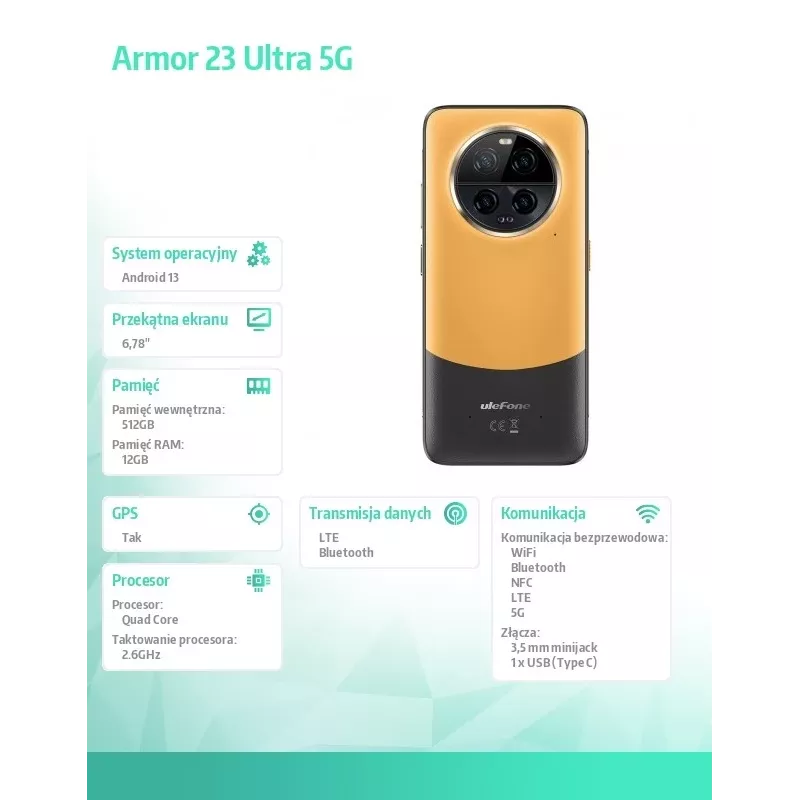 Smartphone robusto UleFone Armor 23 Ultra 5G – 12 GB RAM, 512 GB de armazenamento, laranja